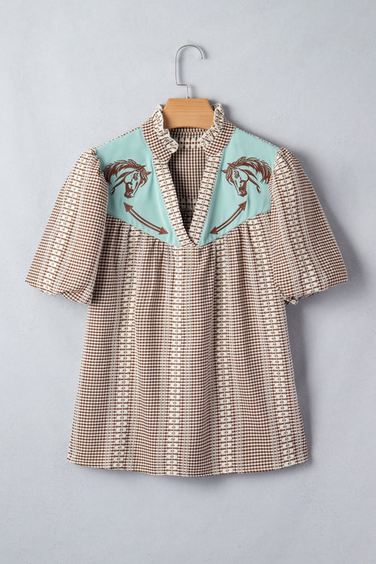 Brown Western Pony Embroidered Yoke Puff Sleeve Gingham Blouse - Loving It Shop