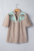 Brown Western Pony Embroidered Yoke Puff Sleeve Gingham Blouse - Loving It Shop