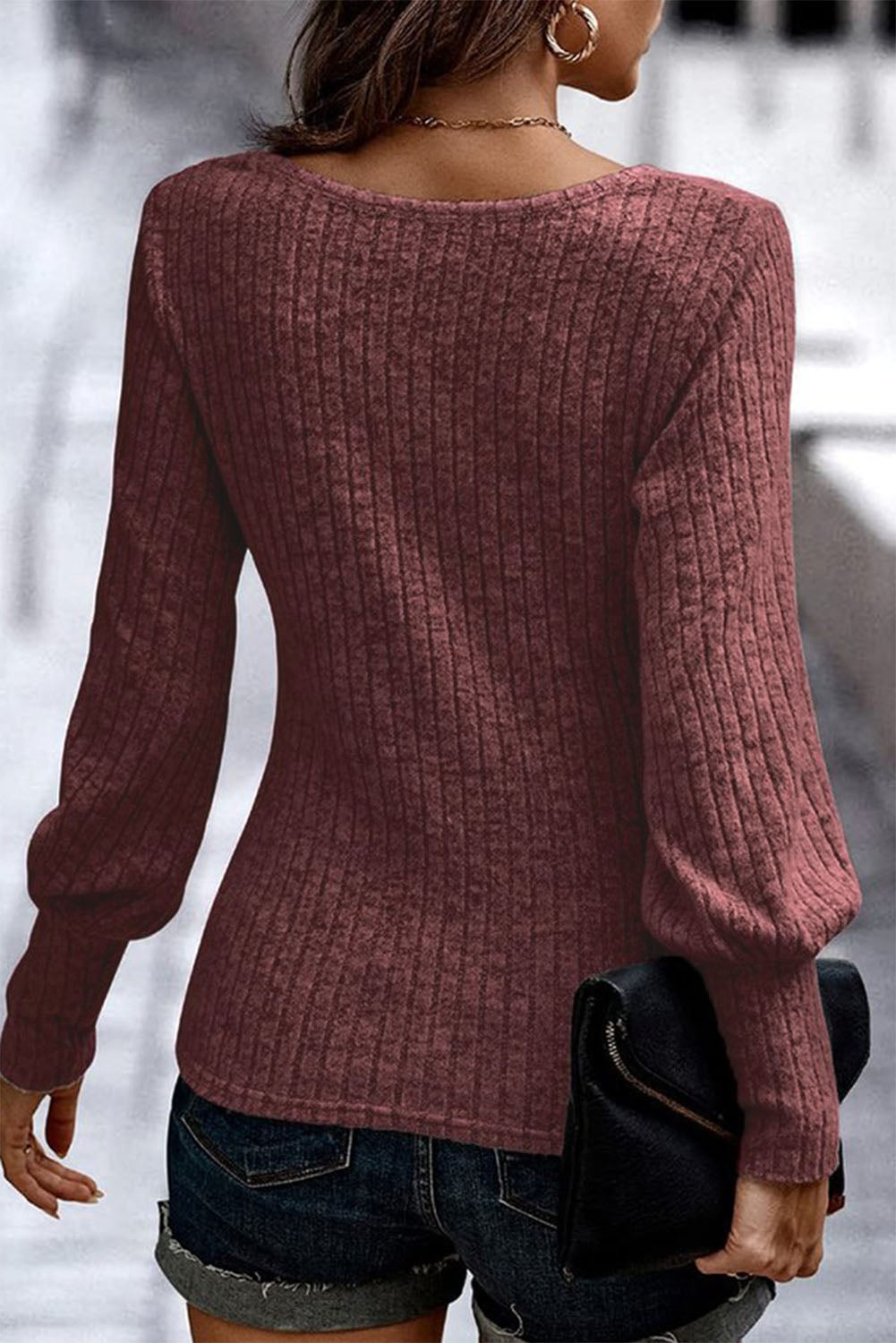 Mineral Red Ribbed Bishop Sleeve Round Neck Top - Loving It Shop