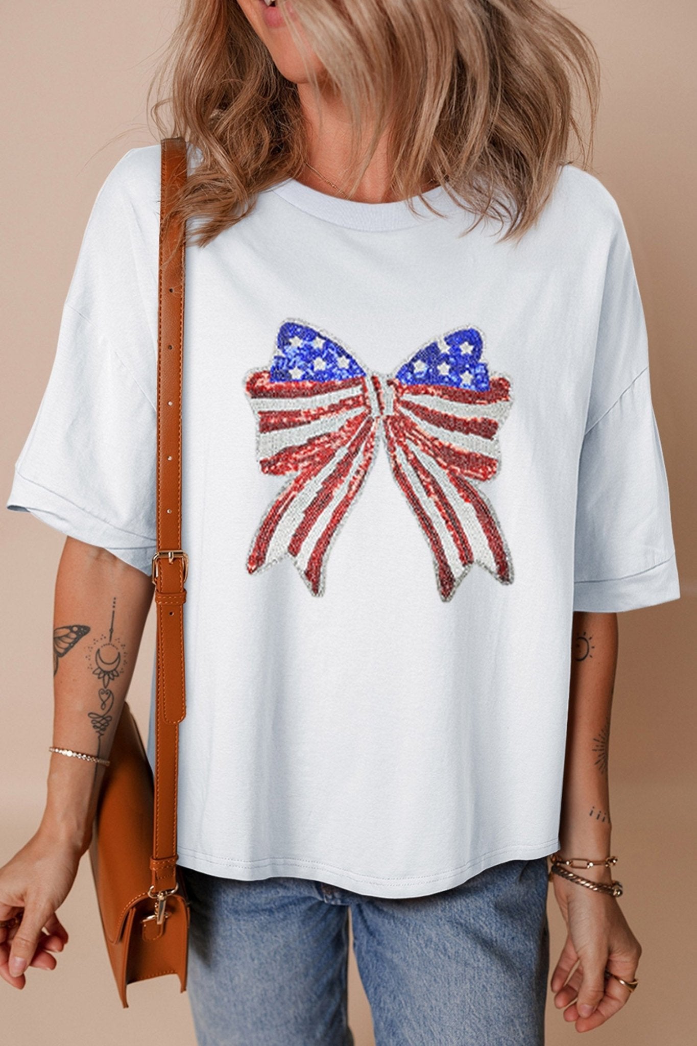 White Patriotic Sequin Bow Graphic Oversized Tee - Loving It Shop