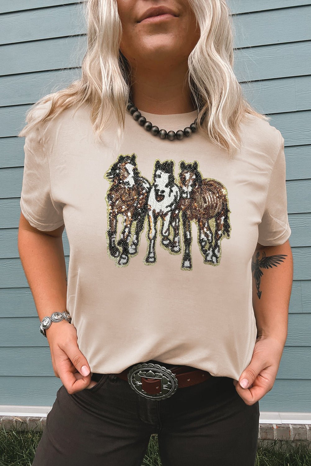 Khaki Sequin Horses Patched Casual Crewneck T Shirt - Loving It Shop