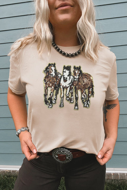 Khaki Sequin Horses Patched Casual Crewneck T Shirt - Loving It Shop