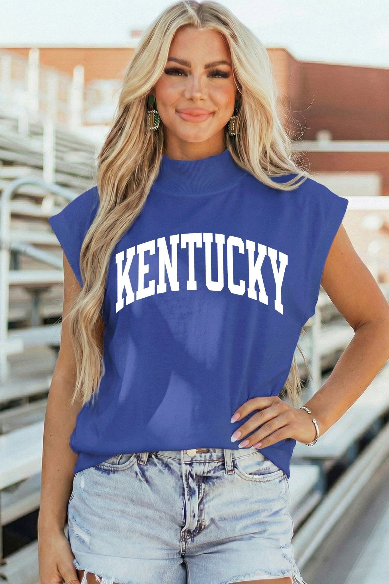 Sky Blue KENTUCKY Leopard KY Double Side Printed Mock Neck Tee - Loving It Shop