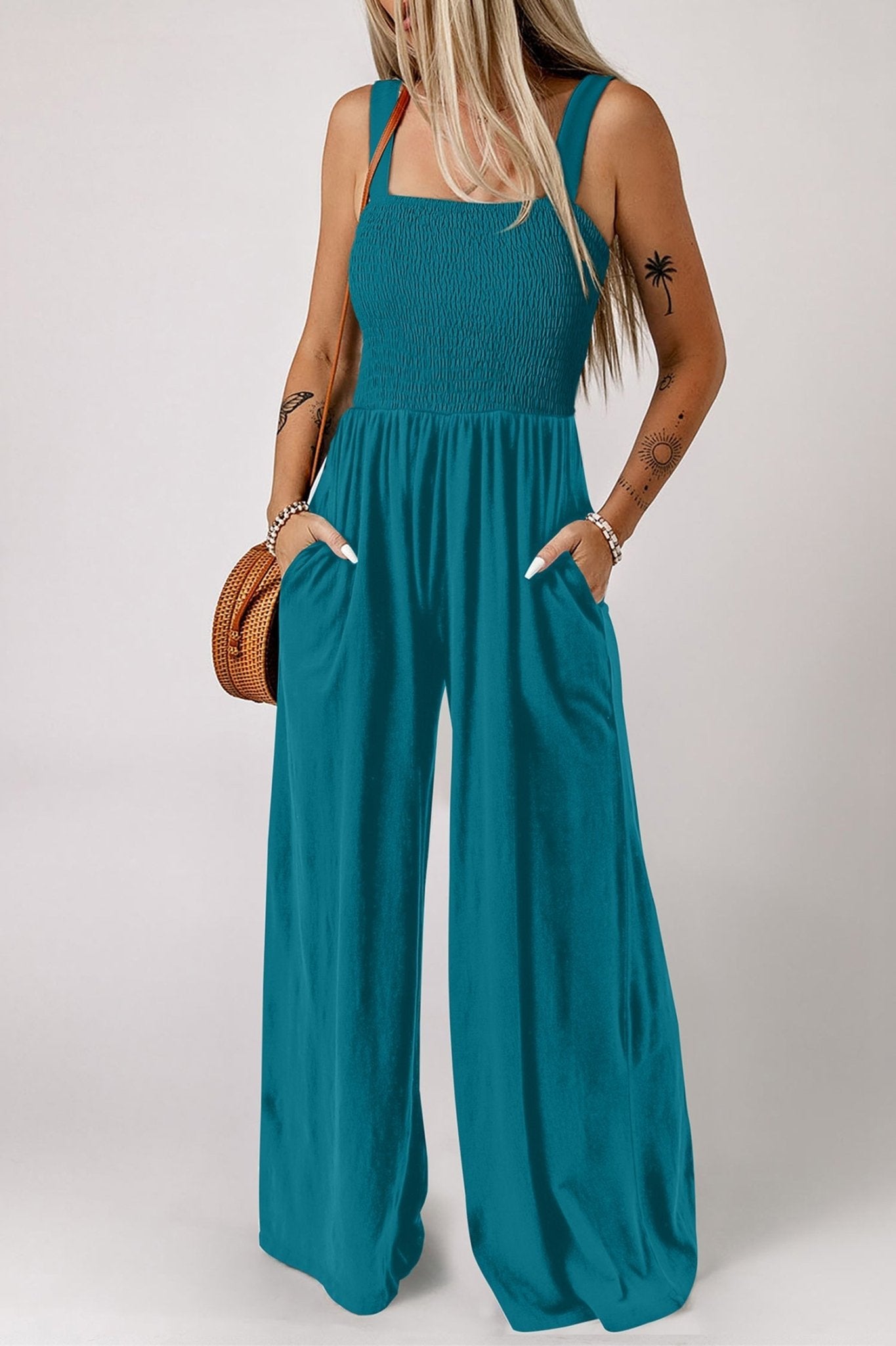 Peacock Blue Smocked Square Neck Sleeveless Jumpsuit with Pockets - Loving It Shop
