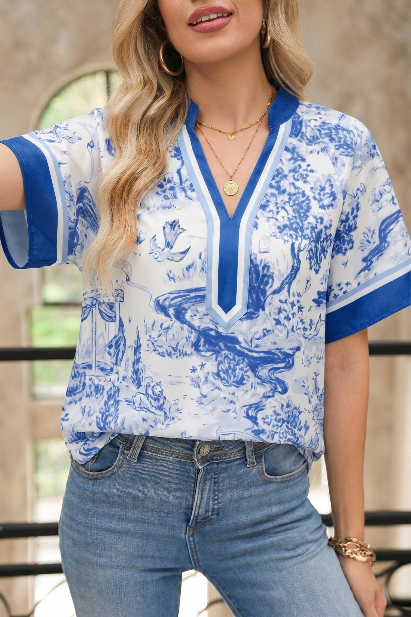Blue Wild Animal Paradise Contrast V Neck Raglan Sleeve Blouse - Loving It Shop