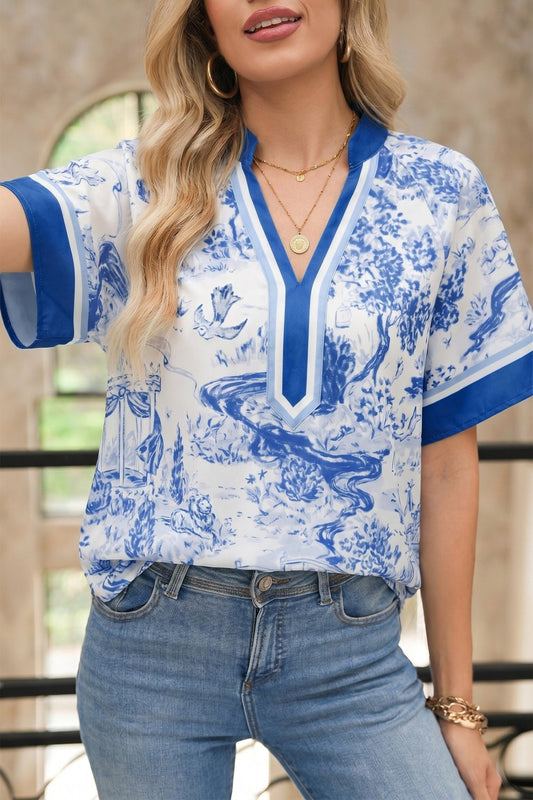Blue Wild Animal Paradise Contrast V Neck Raglan Sleeve Blouse - Loving It Shop