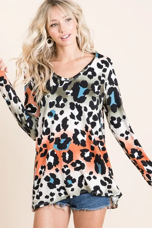 Gradation Leopard Print Soft Knit Deep U Neck Top