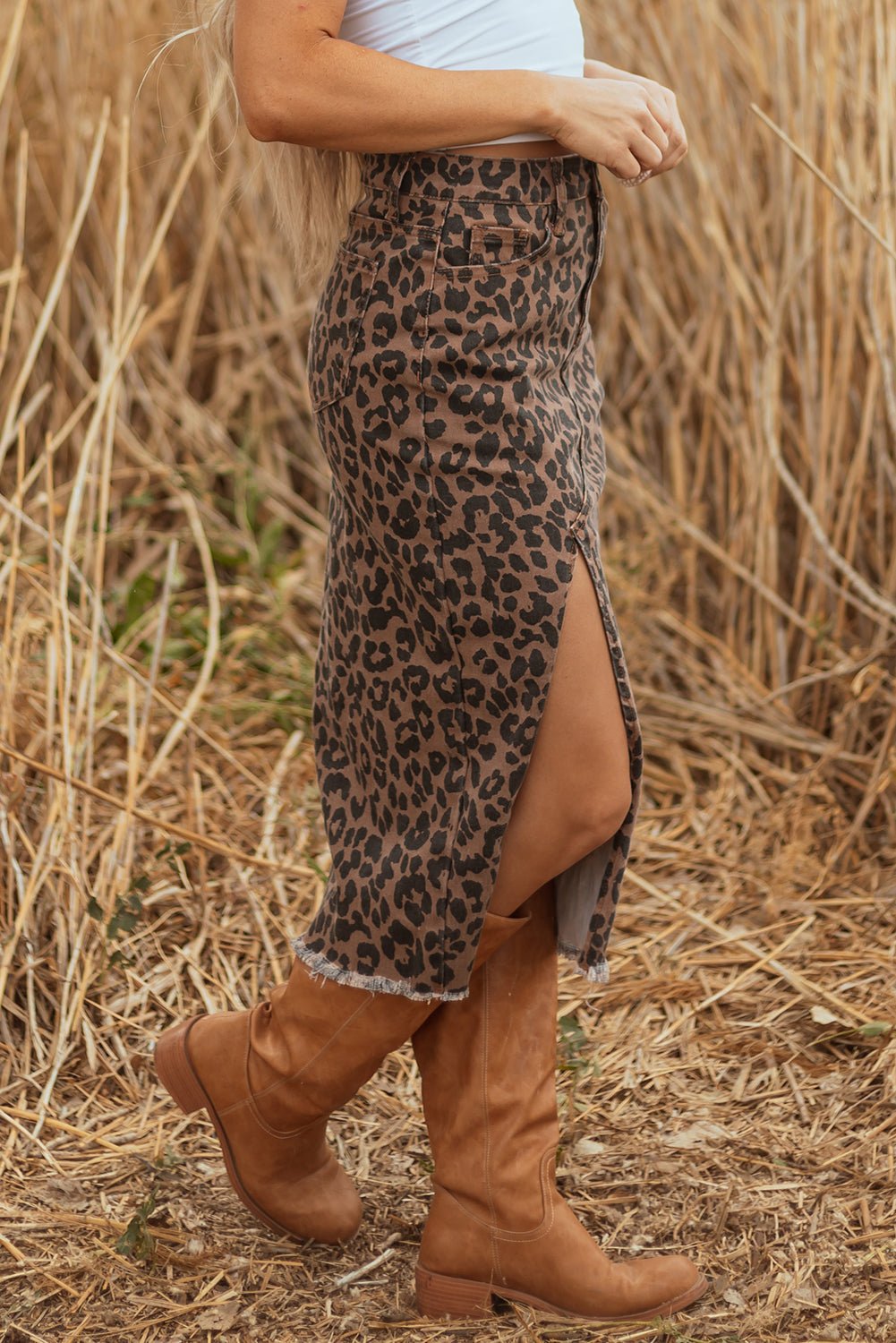 Brown Leopard Denim Frayed Split Denim Midi Skirt - Loving It Shop