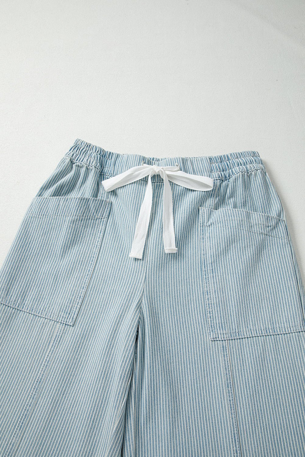 Sky Blue Stripe Mid Rise Drawstring Waist Jeans - Loving It Shop