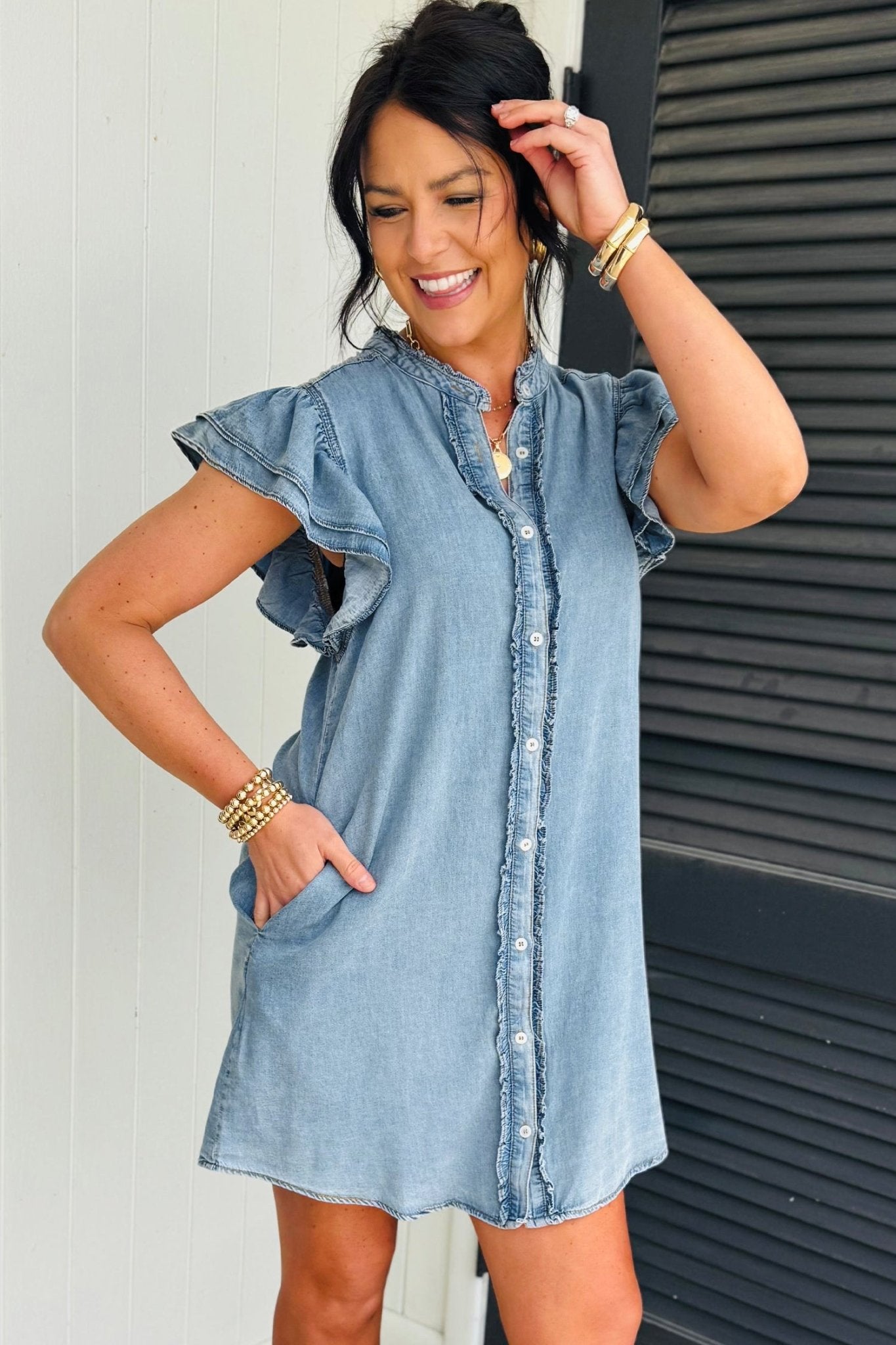 Myosotis Frilled Detail Button Down Ruffle Short Sleeve Denim Mini Dress - Loving It Shop