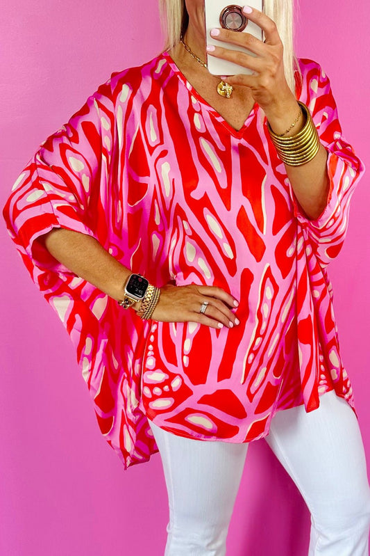 Red Abstract Print V Neck Batwing Sleeve Oversized Blouse - Loving It Shop