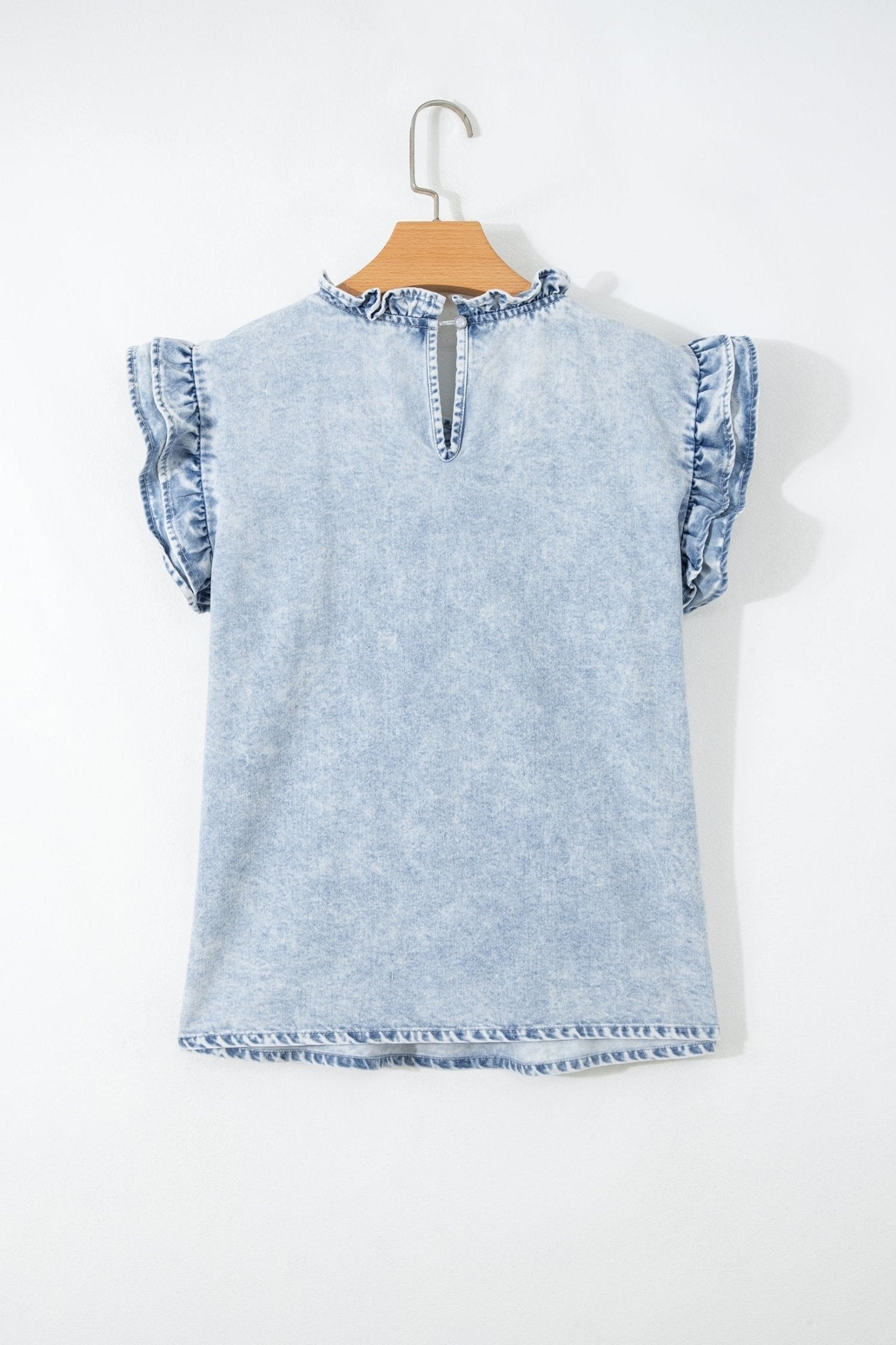 Beau Blue Ruffle Pleated Detail Vintage Washed Denim Top - Loving It Shop