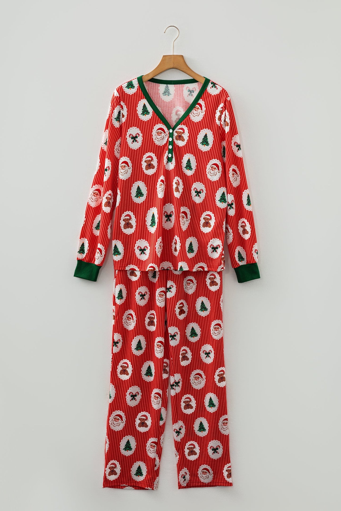 Red Stripe Christmas Fashion Print Henley V Neck Pullover and Jogger Pants 2 Piece Lounge Set