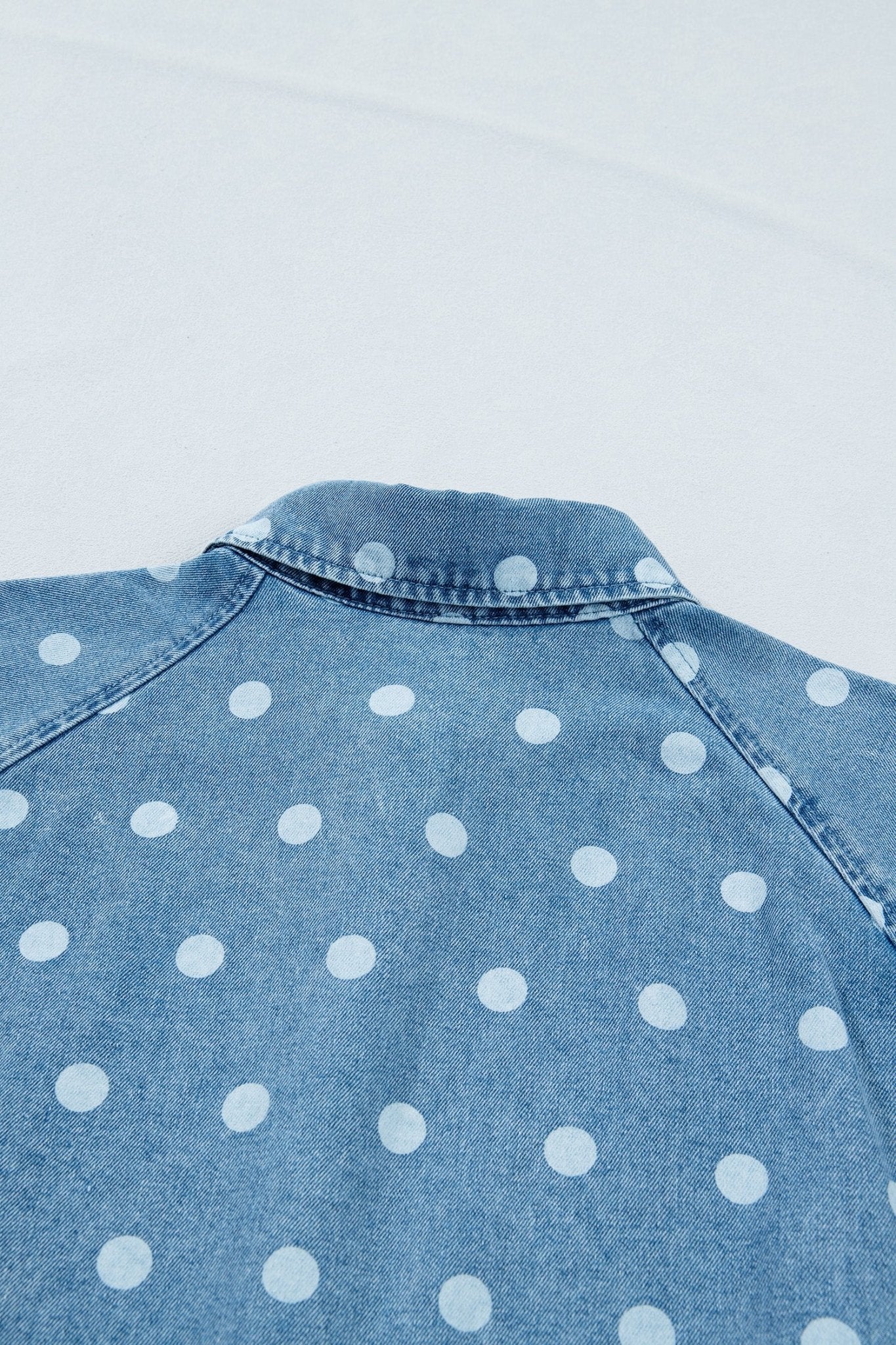 Sky Blue Polka Dot Print Ruffled Short Puff Sleeve Button Down Loose Denim Dress - Loving It Shop