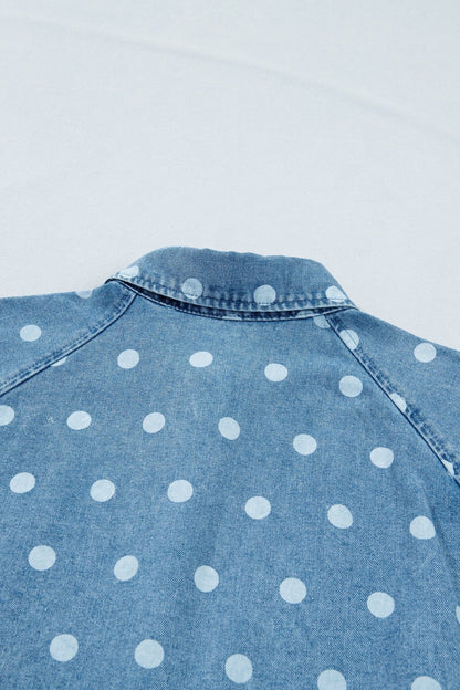 Sky Blue Polka Dot Print Ruffled Short Puff Sleeve Button Down Loose Denim Dress - Loving It Shop