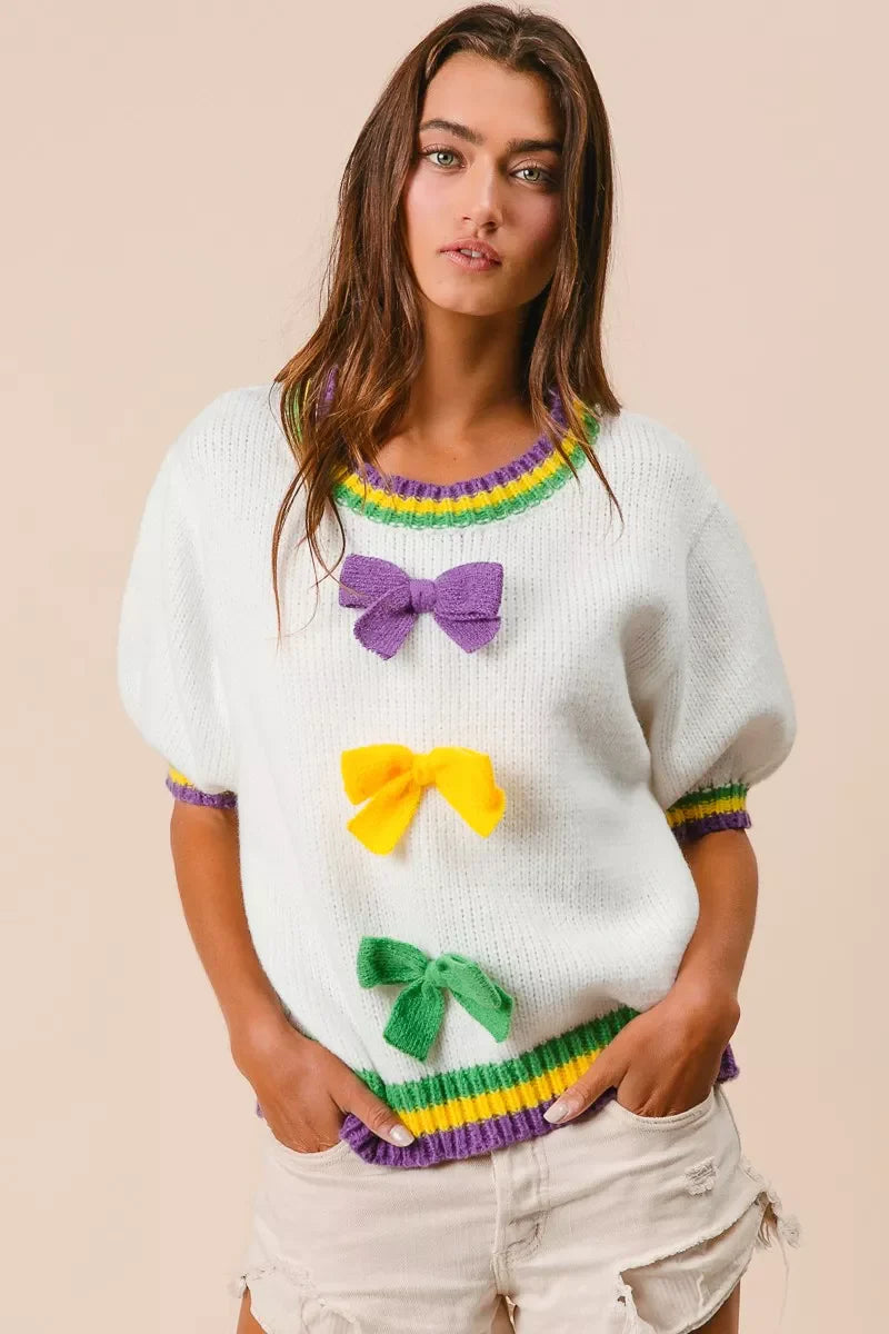 Short Puff Sleeve Ribbon Bow Mardi Gras Sweater