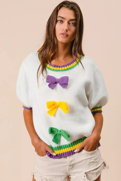 Short Puff Sleeve Ribbon Bow Mardi Gras Sweater