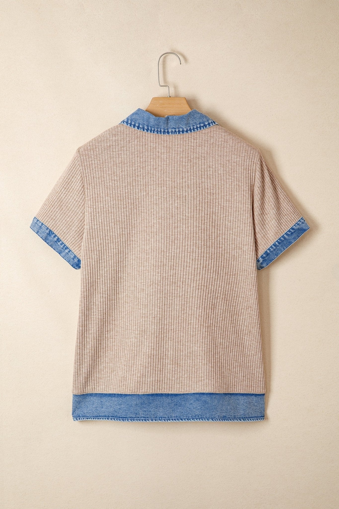 Beige Ribbed Knit Denim Color Block Patchwork Button Detail Collared Blouse - Loving It Shop