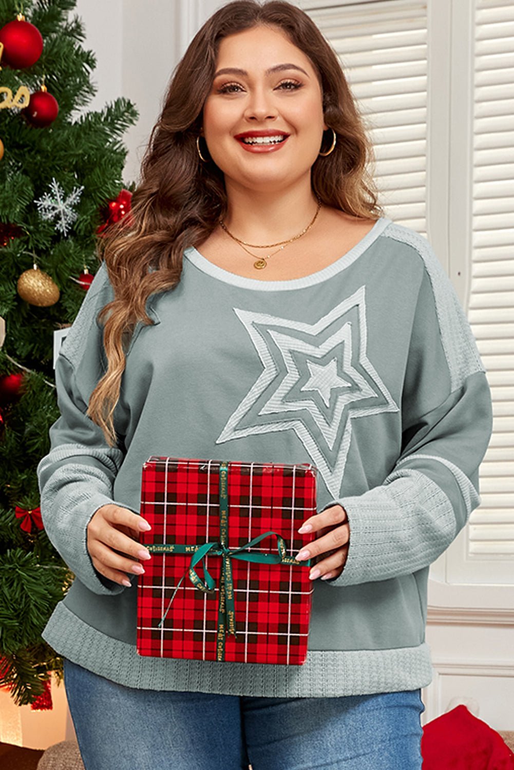 Mist Green Stars Patchwork Round Neck Plus Size T Shirt - Loving It Shop