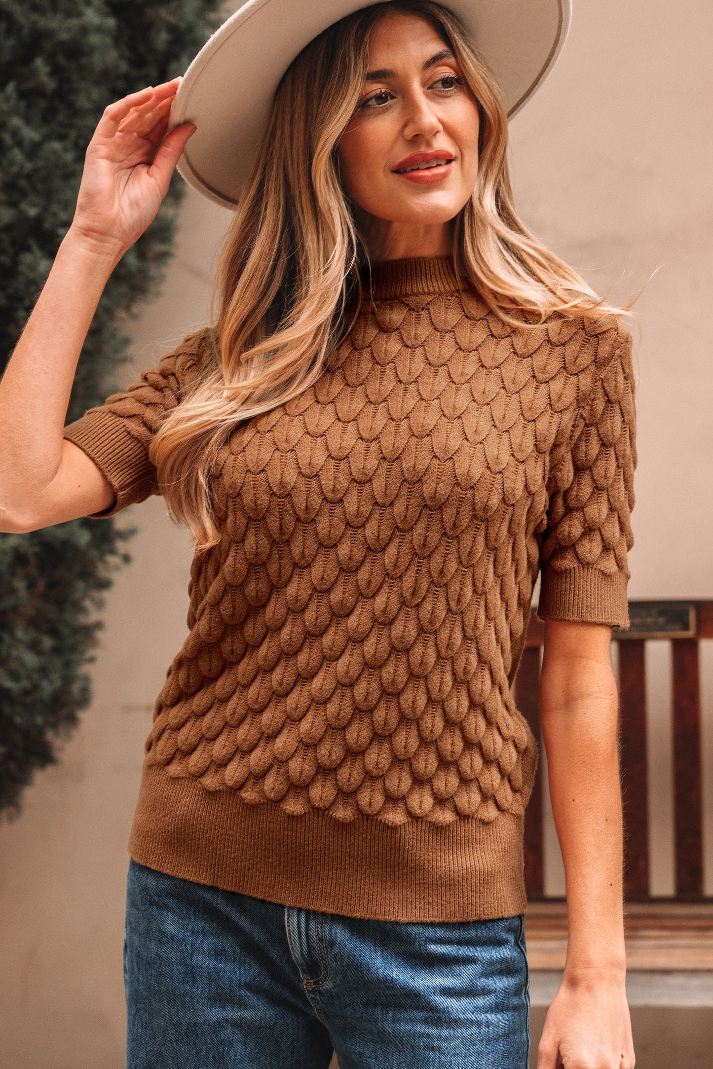 Straw Yellow Fish Scale Textured Knit Ribbed High Neck Short Sleeve Sweater