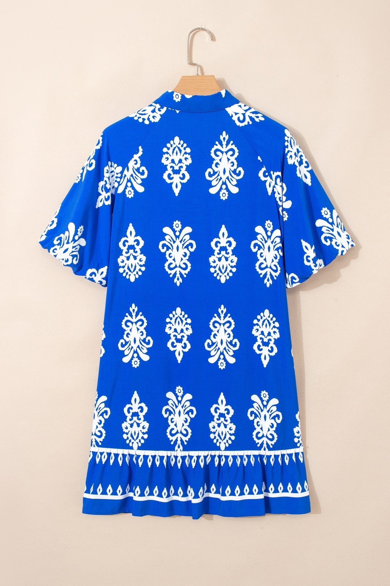 Blue Ethnic Geometric Print Collared Button Front Short Puff Sleeve Mini Dress - Loving It Shop