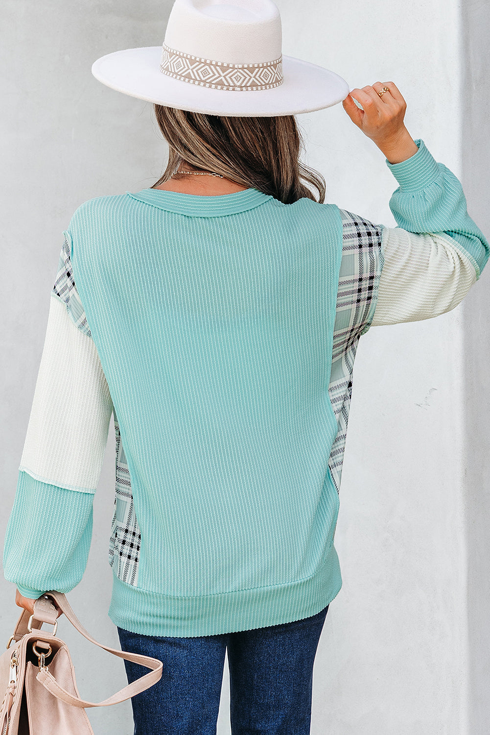 Corded Texture Colorblock Patchwork Split Neck Long Sleeve Top