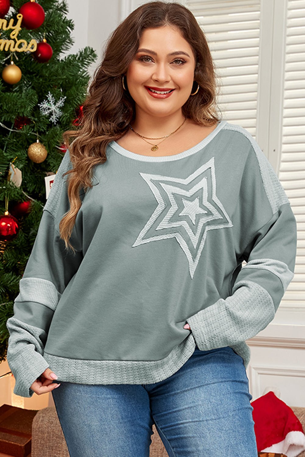 Mist Green Stars Patchwork Round Neck Plus Size T Shirt - Loving It Shop