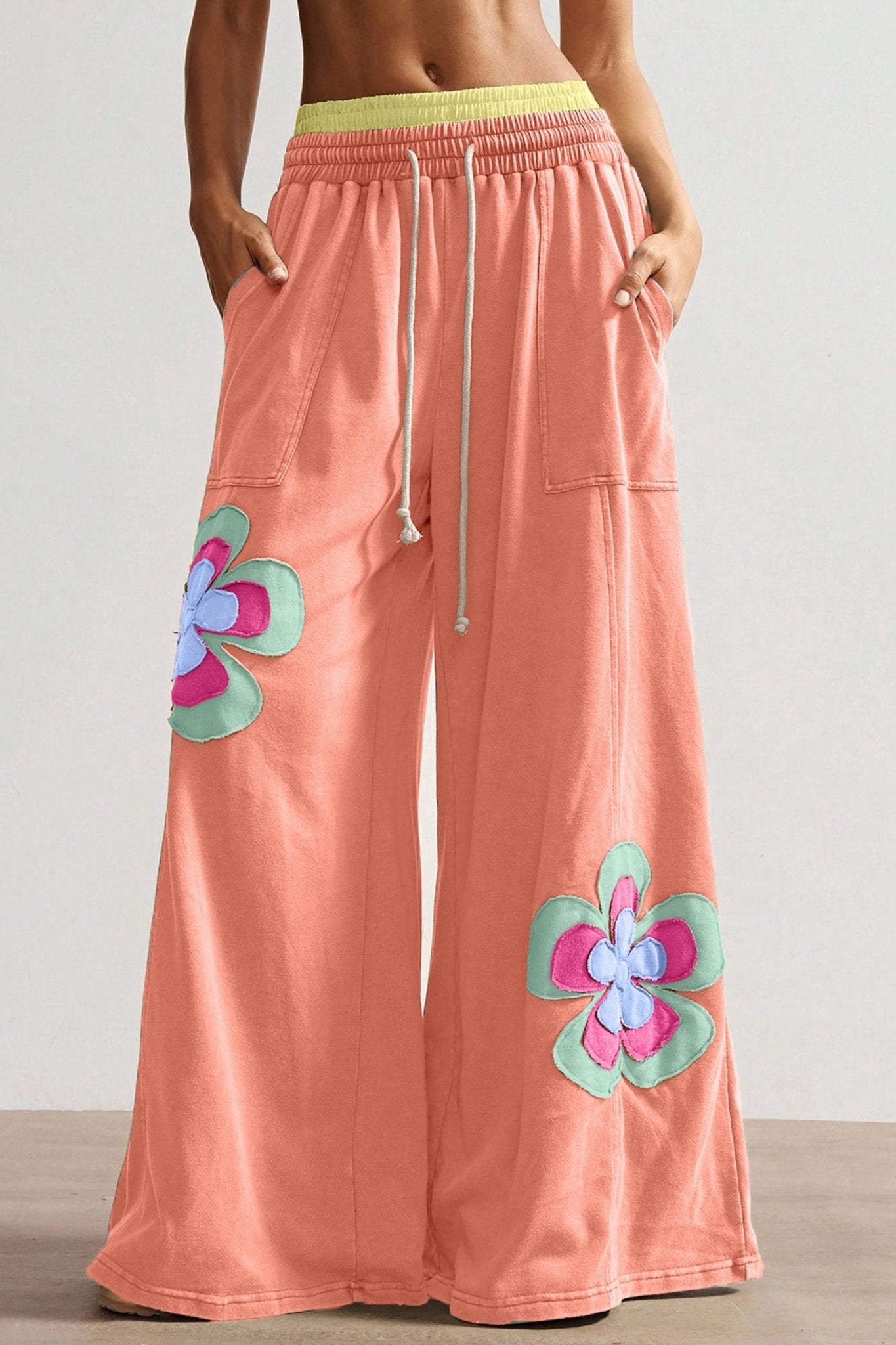 Grapefruit Orange Color Block Flower Patchwork Drawstring Contrasted Elastic Waist Wide Leg Pants - Loving It Shop
