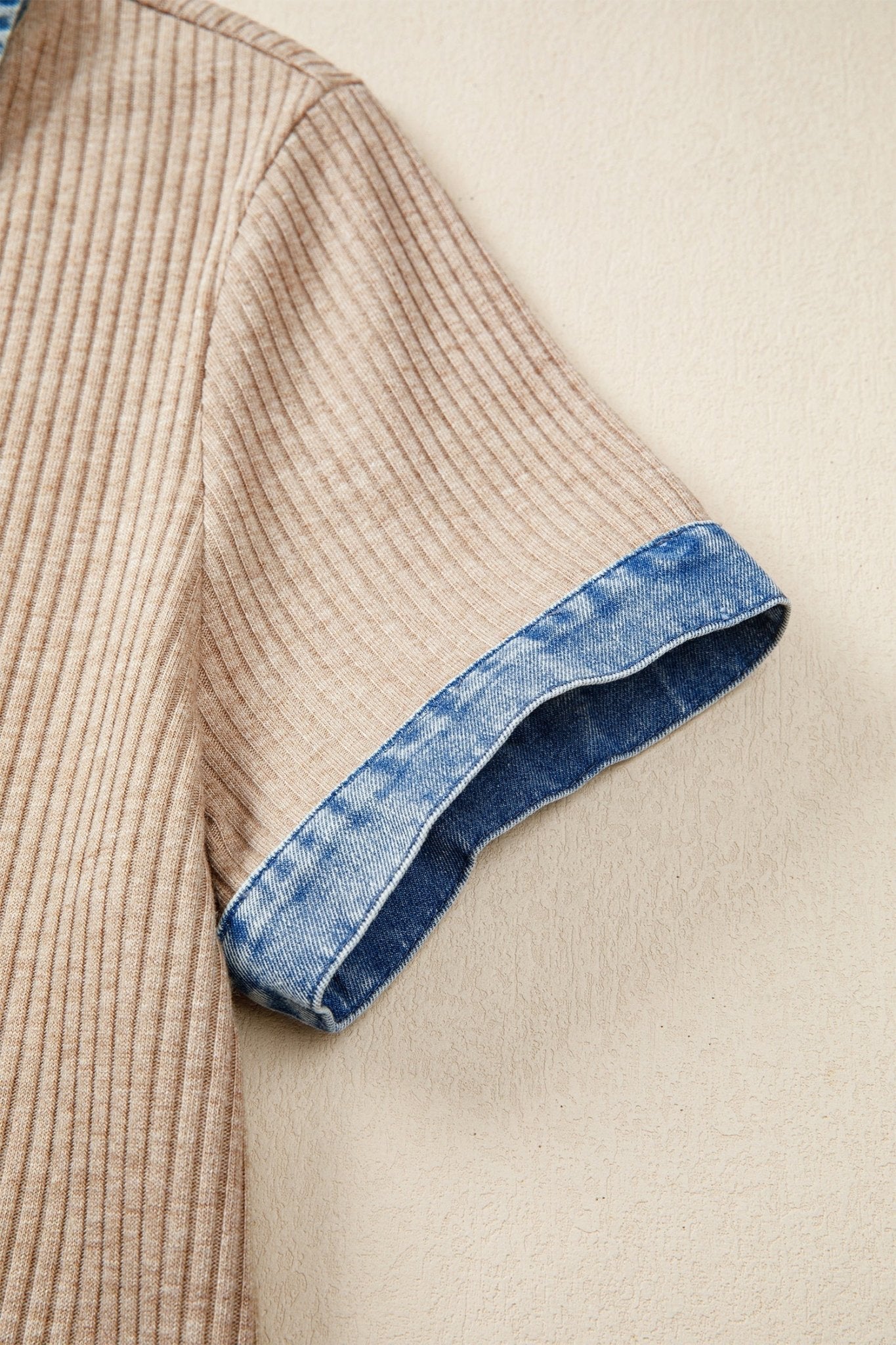 Beige Ribbed Knit Denim Color Block Patchwork Button Detail Collared Blouse - Loving It Shop