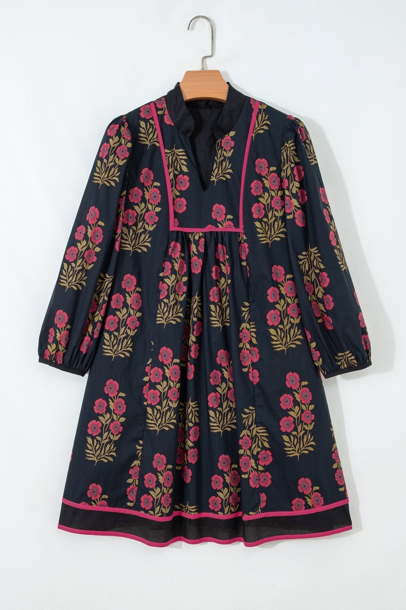 Black Floral Print Notched Neck Piping Trim Bracelet Sleeve Babydoll Dress - Loving It Shop