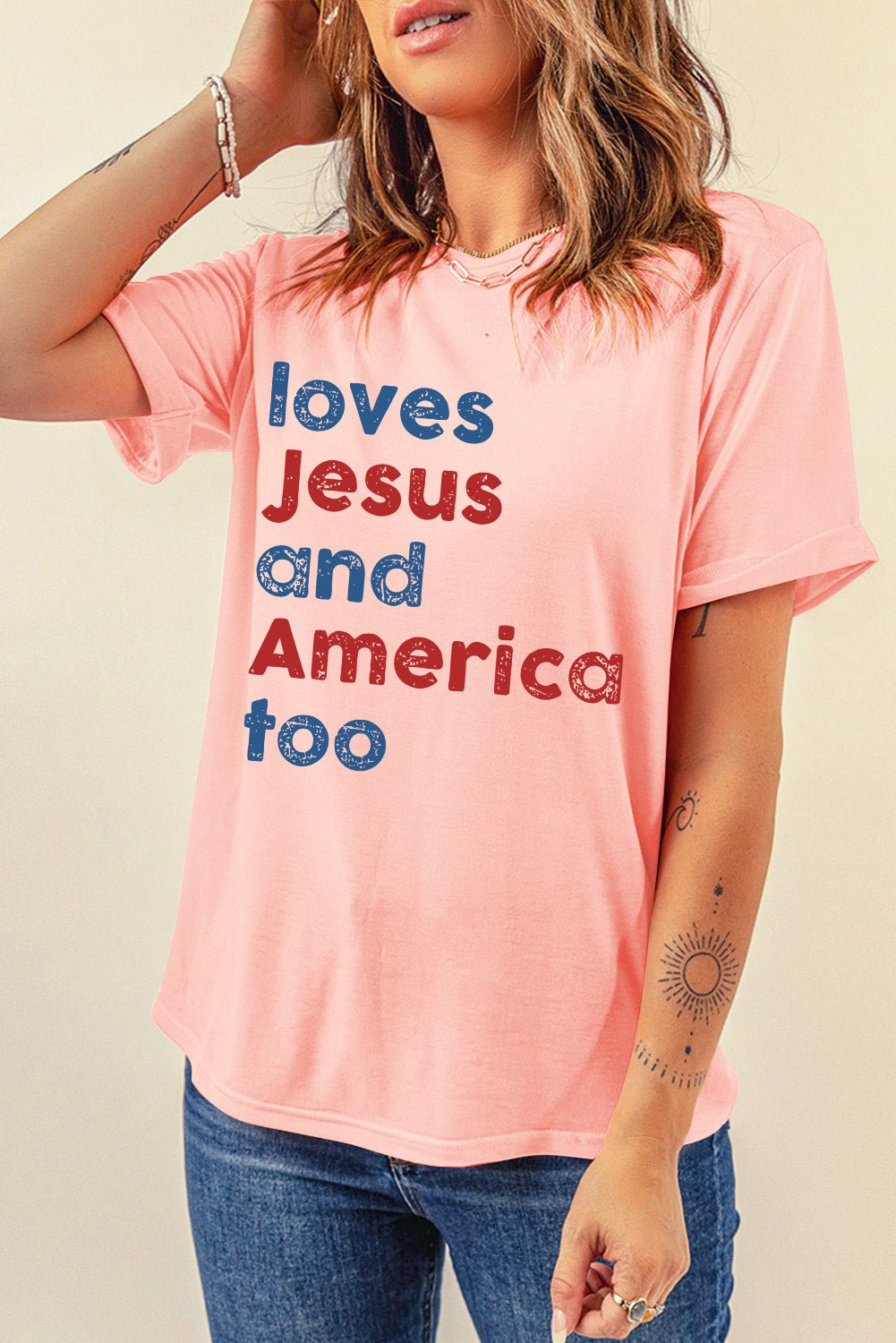 Pink loves Jesus and America too Vintage Letter Graphic Tee - Loving It Shop