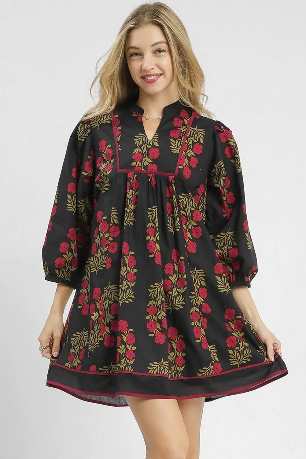 Black Floral Print Notched Neck Piping Trim Bracelet Sleeve Babydoll Dress - Loving It Shop