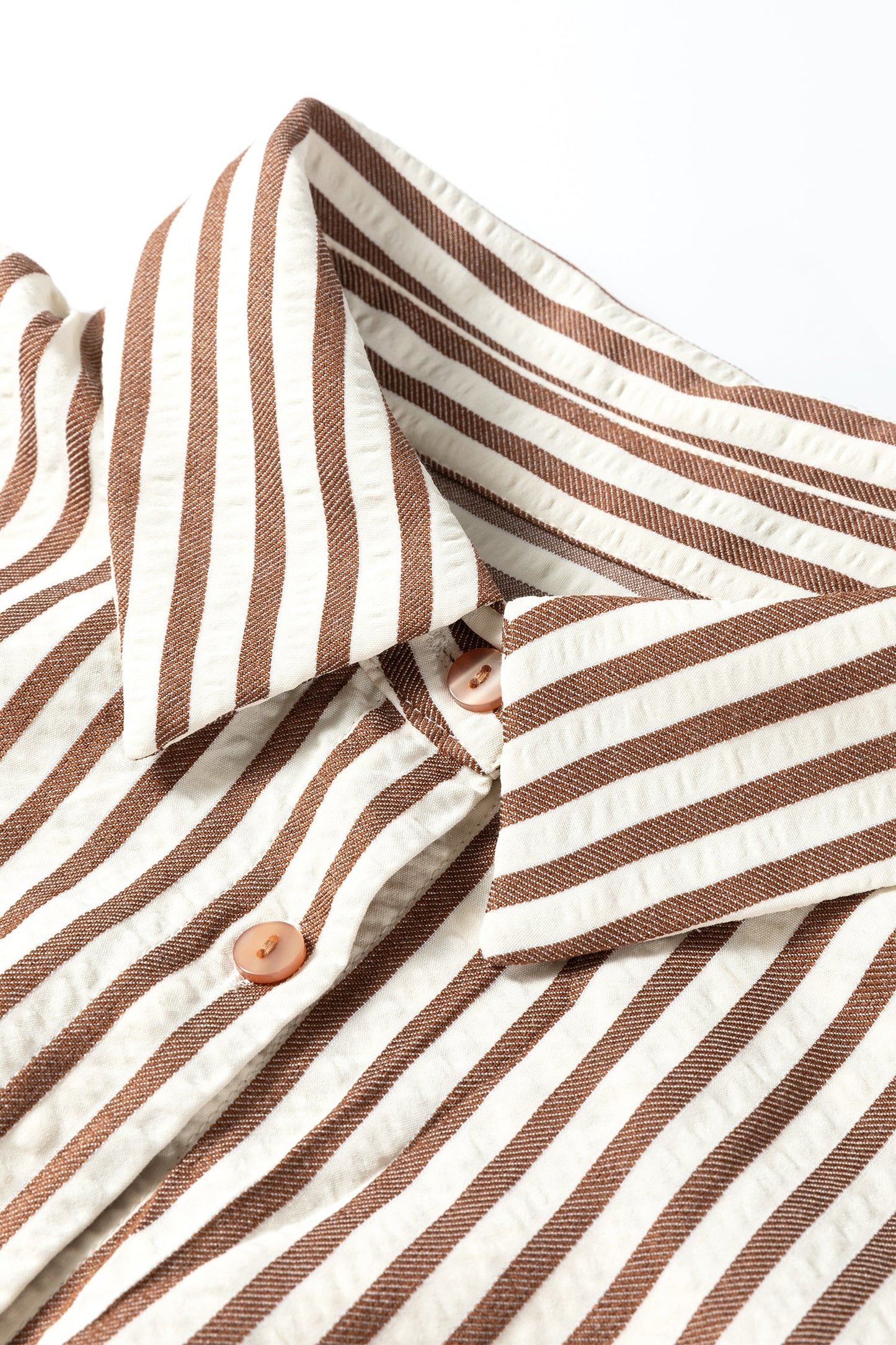 Brown Stripe Textured 3/4 Sleeve Round Hem Split Midi Shirt Dress