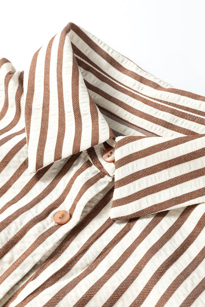 Brown Stripe Textured 3/4 Sleeve Round Hem Split Midi Shirt Dress