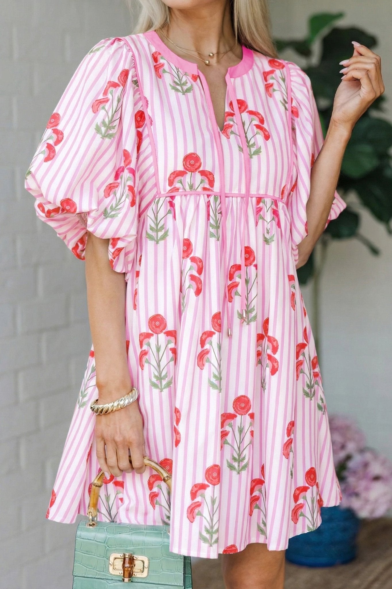 Pink Floral Striped Print Tie Notched Neck Puff Sleeve Flared Mini Dress - Loving It Shop