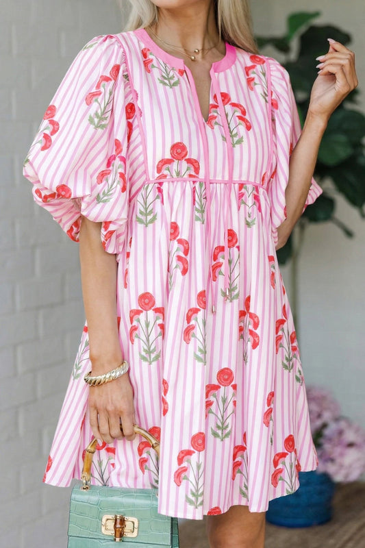 Pink Floral Striped Print Tie Notched Neck Puff Sleeve Flared Mini Dress - Loving It Shop