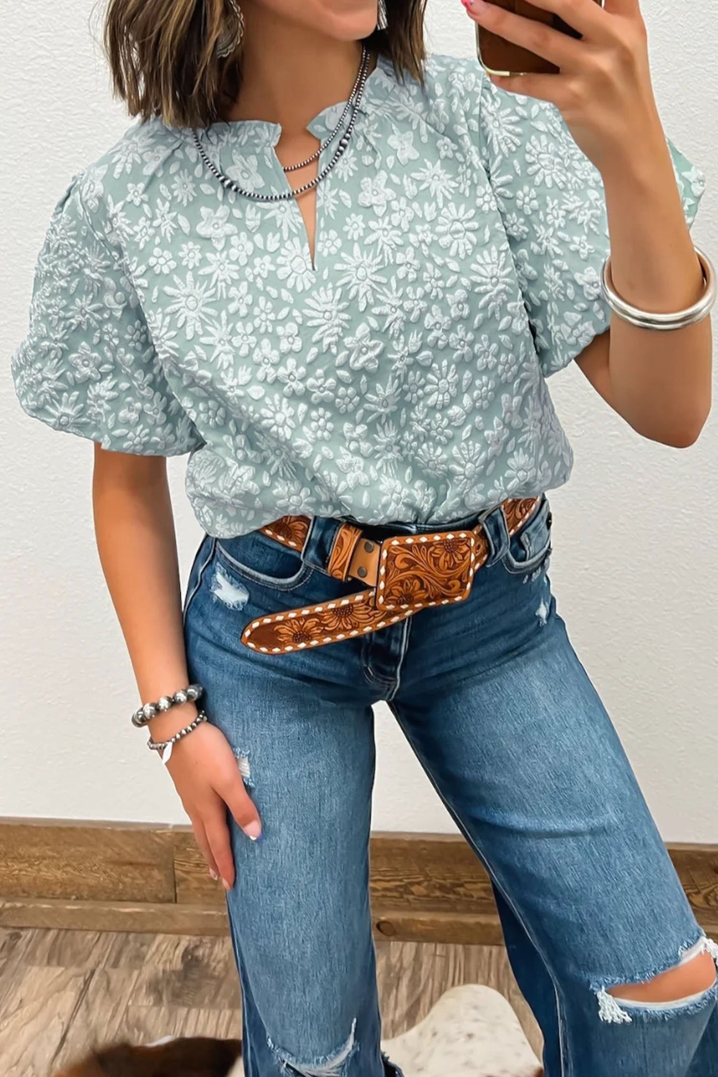 Iceland Blue Floral Textured Jacquard Puff Sleeve Blouse - Loving It Shop