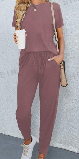 Solid Round Neck Tee &amp; Pants Set