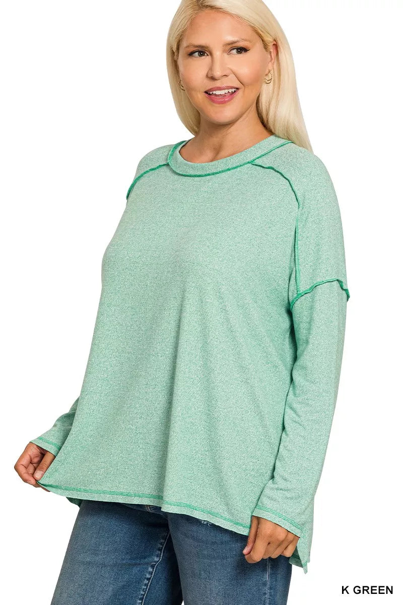 Full Size Melange Hacci Exposed Seam Hi-low Tee Plus Size