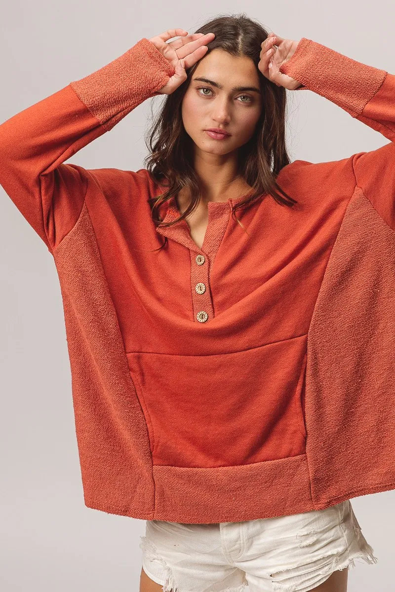French Terry Knit Side Block Buttoned Henley Top