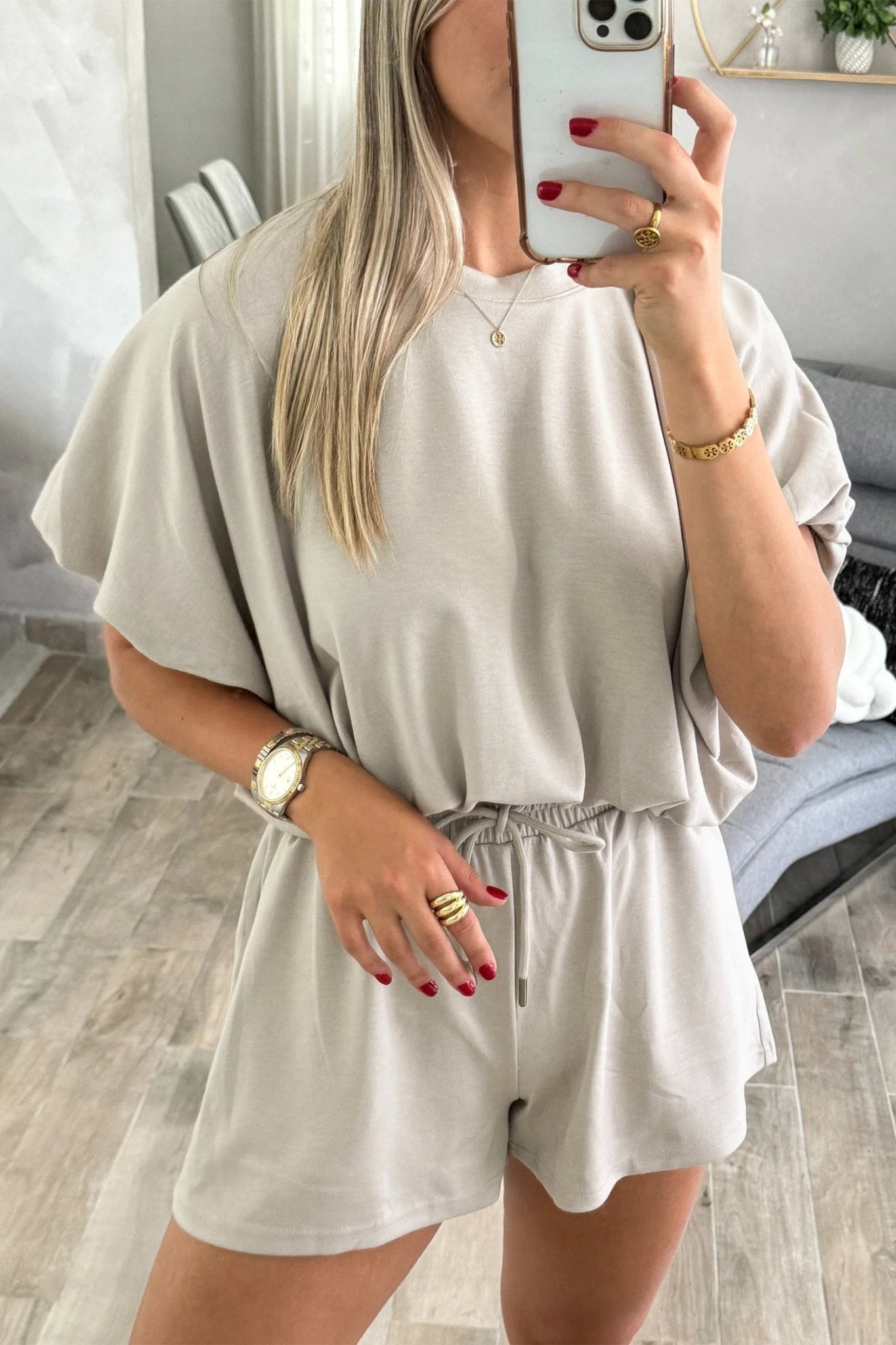 Smoke Gray Solid Color Puffy Loose Top Drawstring Shorts 2pcs Outfit - Loving It Shop