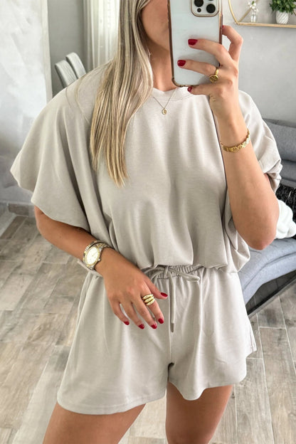 Smoke Gray Solid Color Puffy Loose Top Drawstring Shorts 2pcs Outfit - Loving It Shop