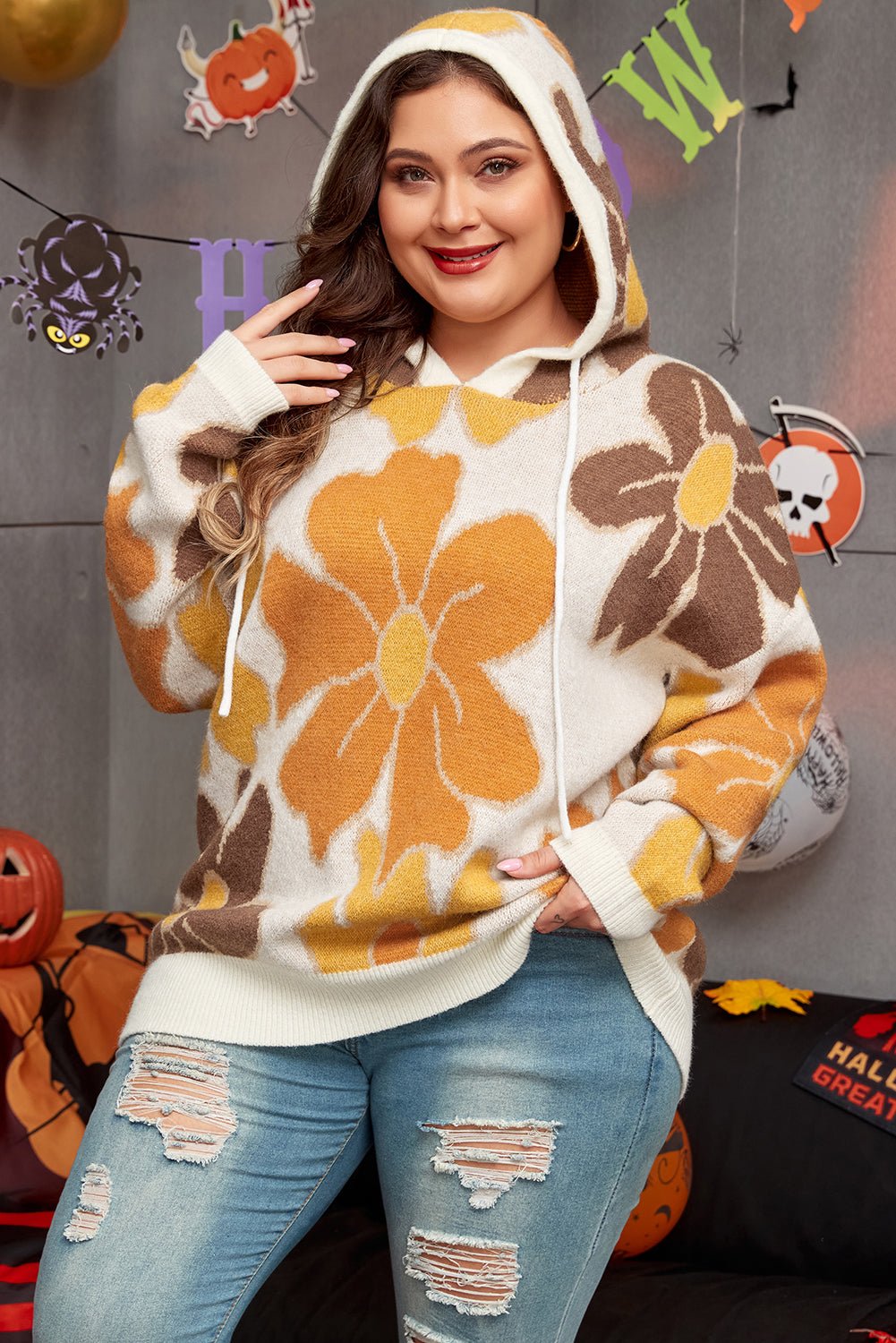White Large Flower Knitted Drawstring Hooded Plus Size Sweater - Loving It Shop