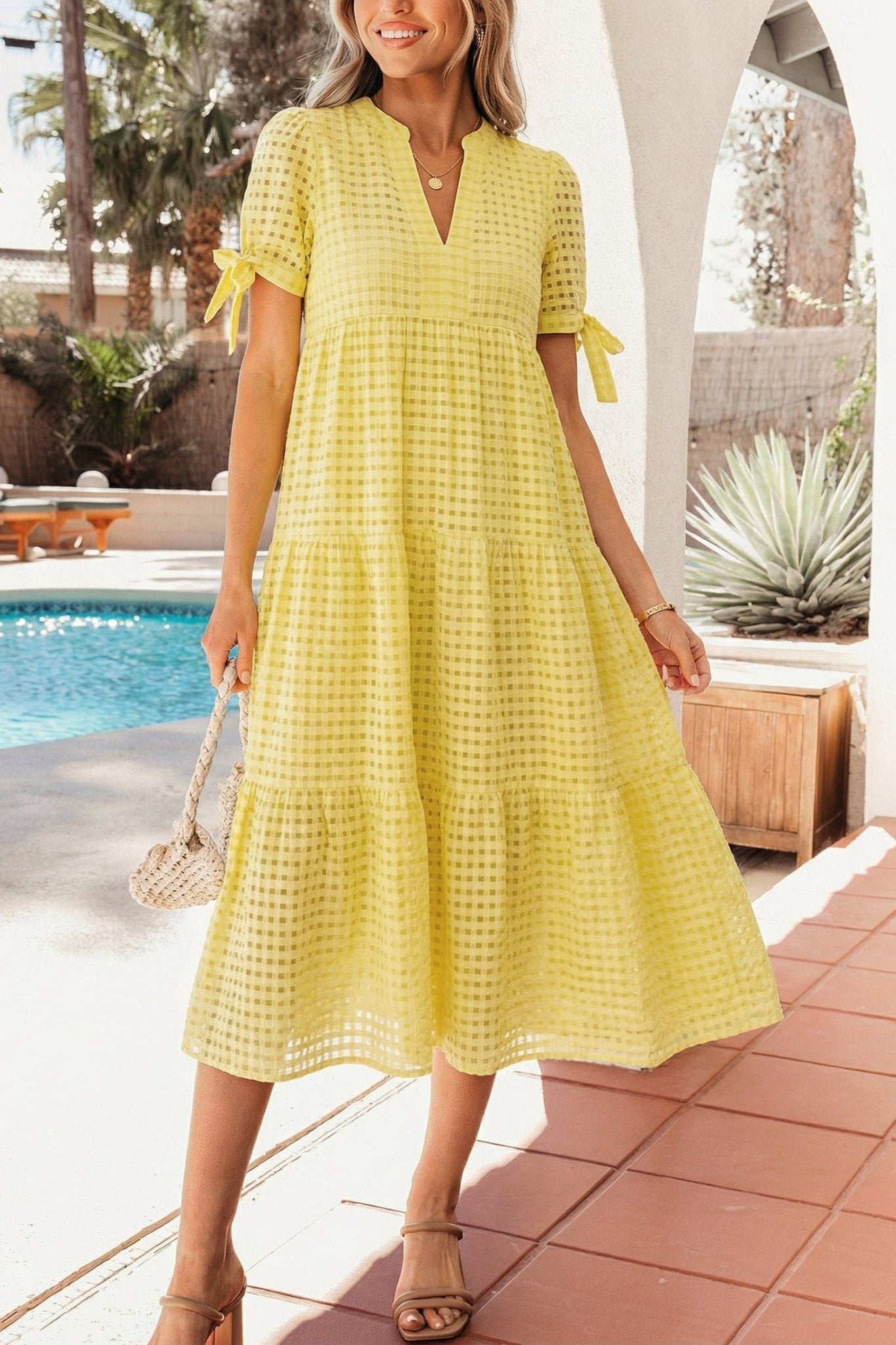Yellow Gingham Textured Bow Tie Short Sleeve Tiered Midi Dress - Loving It Shop