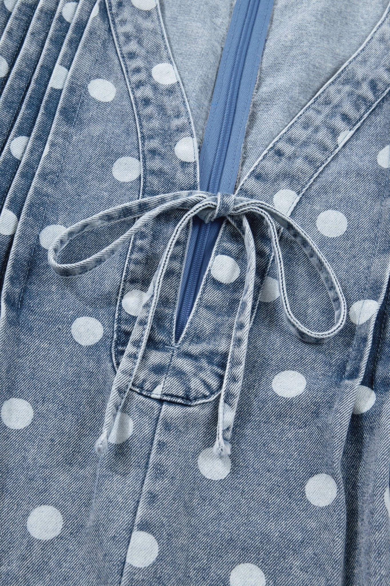 Sky Blue Polka Dot Print Tie V Neck Pleated Loose Denim Romper - Loving It Shop