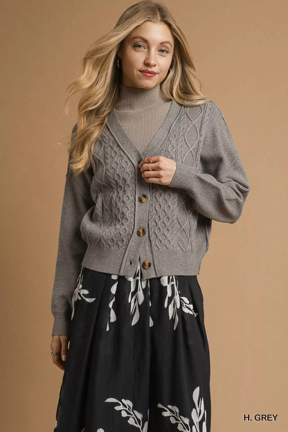 Chunky Cable Knit V-Neck Button-Up Cardigan