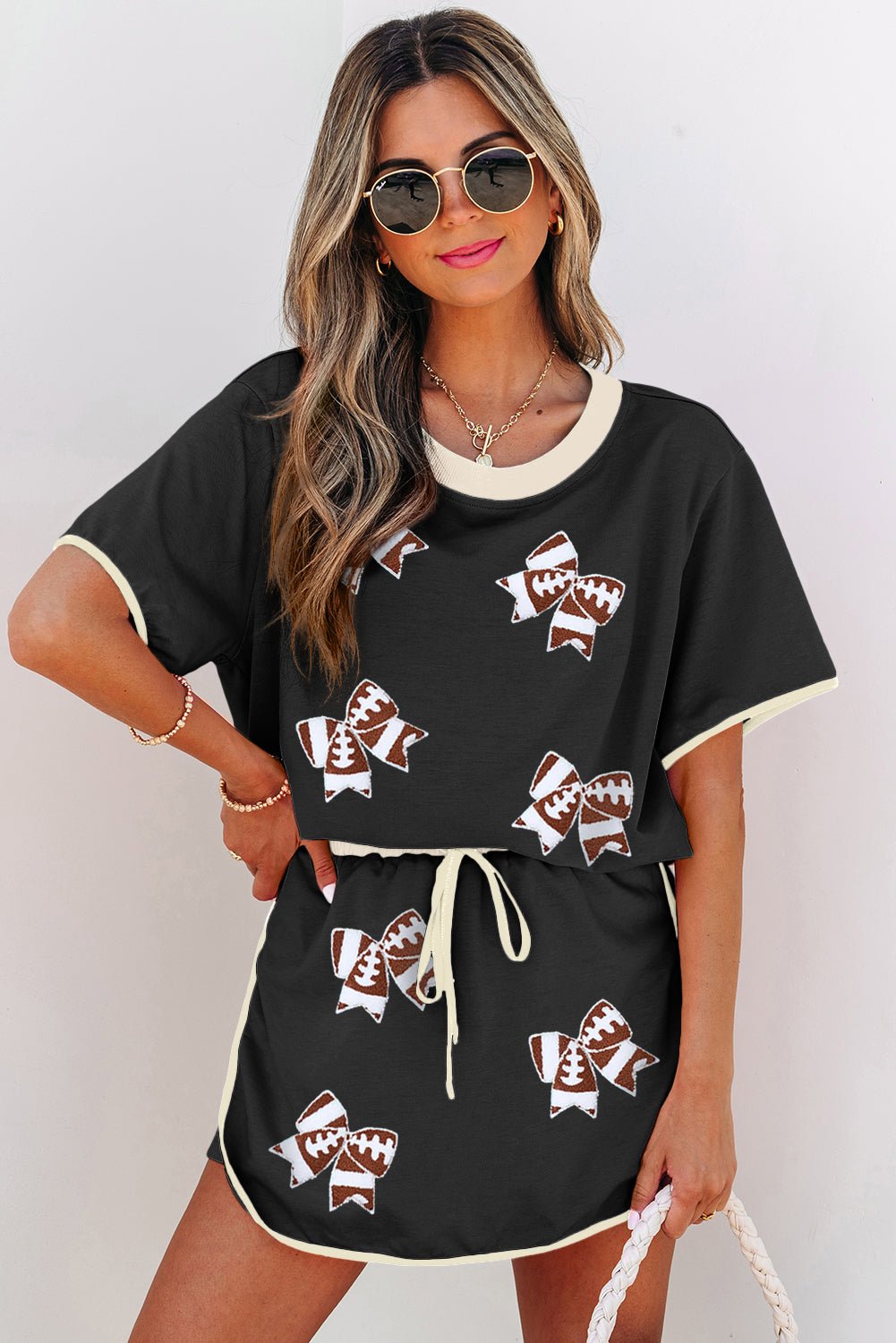 Black Sequin Rugby Football Bow Patched Colorblock Edge Tee and Skort Set - Loving It Shop