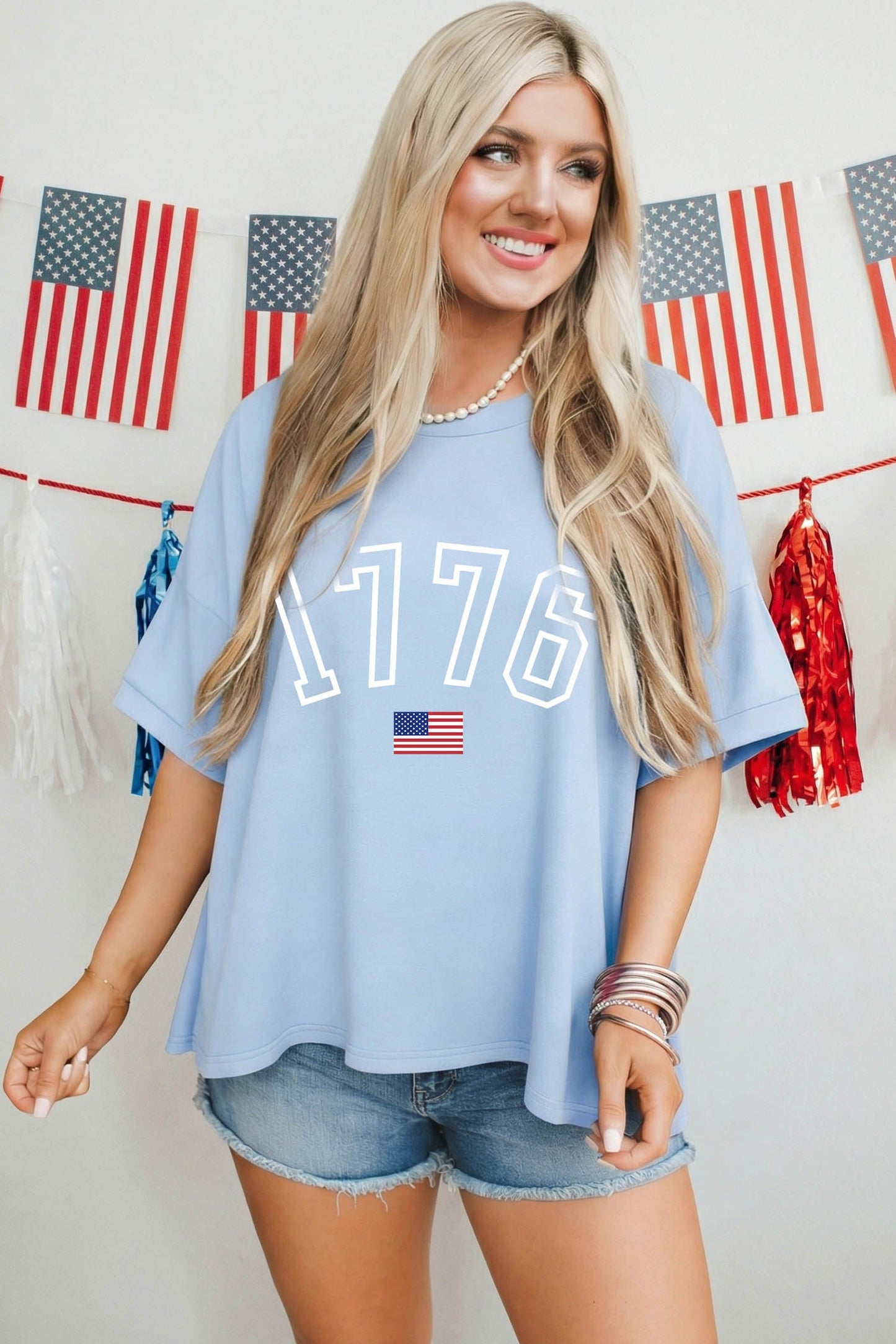 Myosotis 1776 American Flag Print Oversized Tee - Loving It Shop