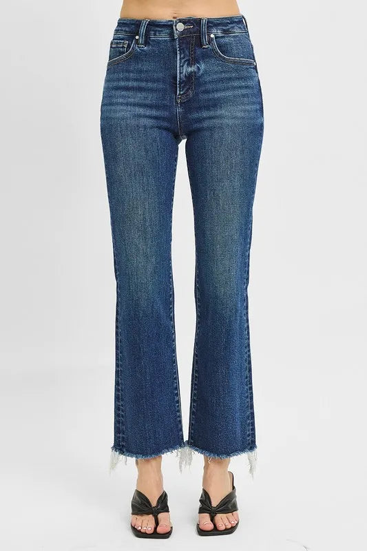 Full Size Tummy Control High Rise Crop Straight Raw Cut Hem Jeans Plus Size