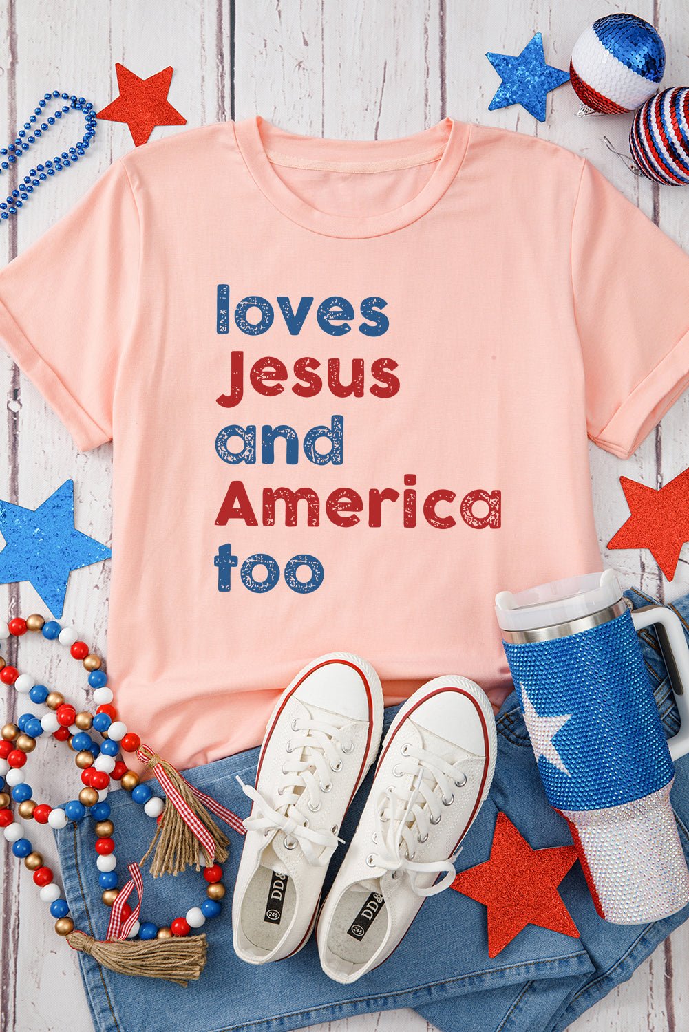 Pink loves Jesus and America too Vintage Letter Graphic Tee - Loving It Shop